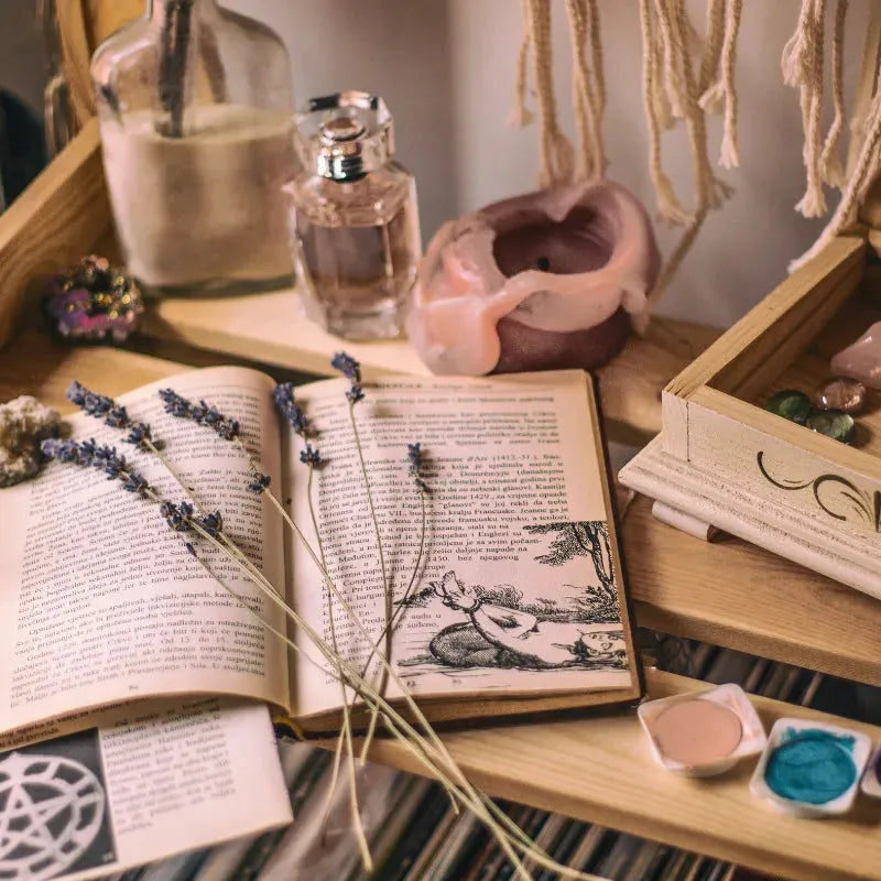 desk with mystic books and plants