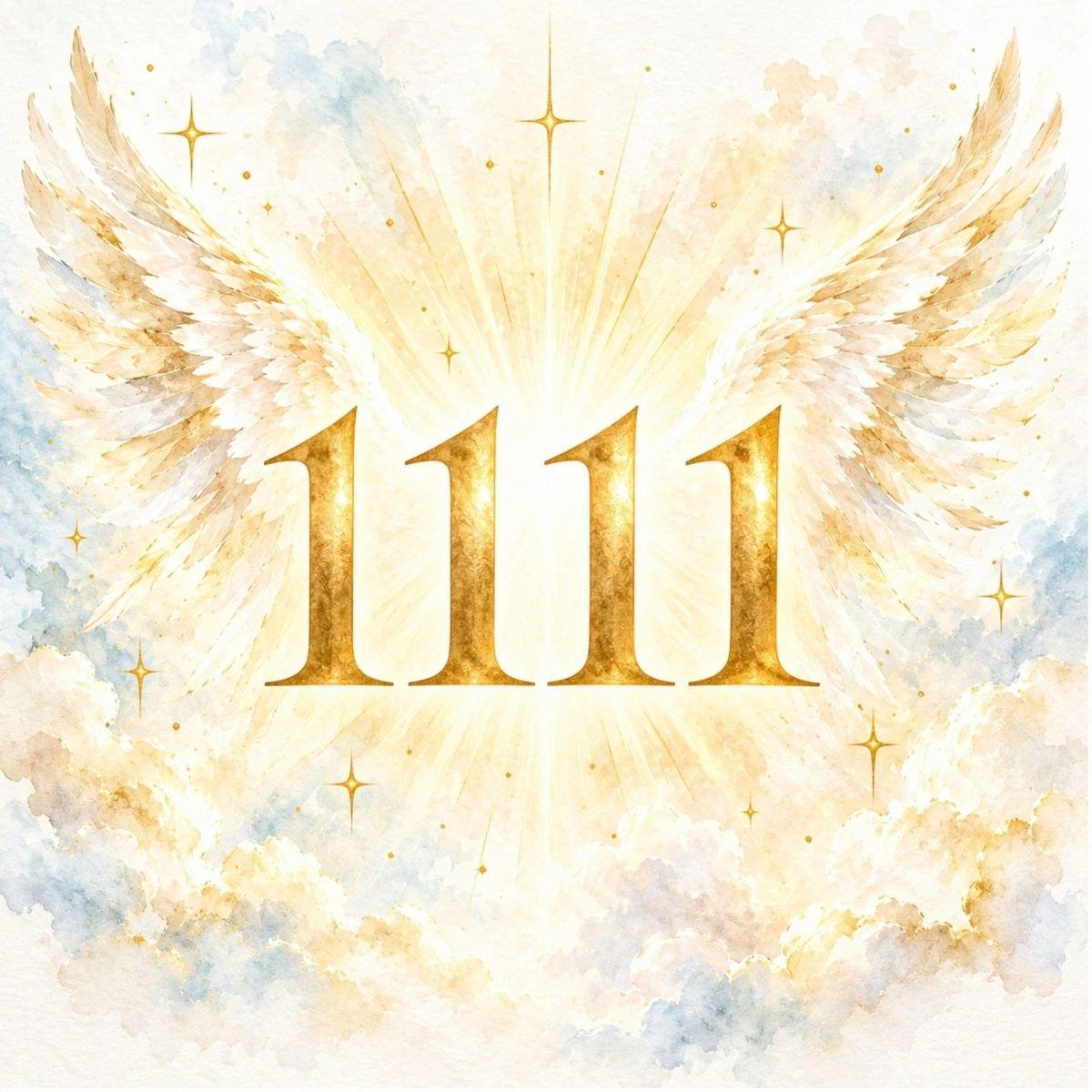 1111 angel number in gold with watercolour angel wings — cover for the 1111 and 111 angel number meaning guide