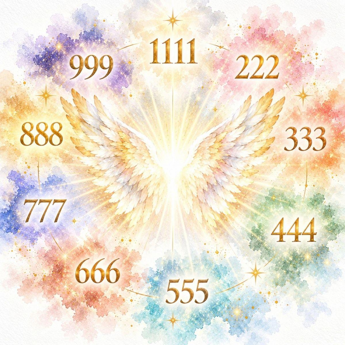 Angel numbers 111 to 999 in gold around watercolour angel wings — complete angel numbers meaning guide