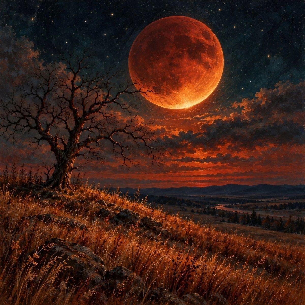 Blood Moon — oil painting of a copper-red eclipsed moon over a dark hilltop