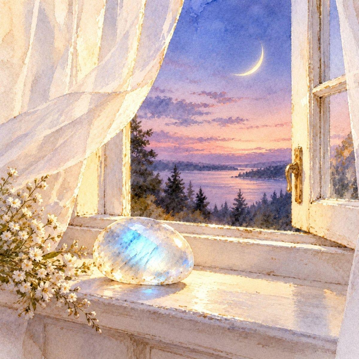 Watercolour of a glowing moonstone under a crescent moon — moonstone meaning