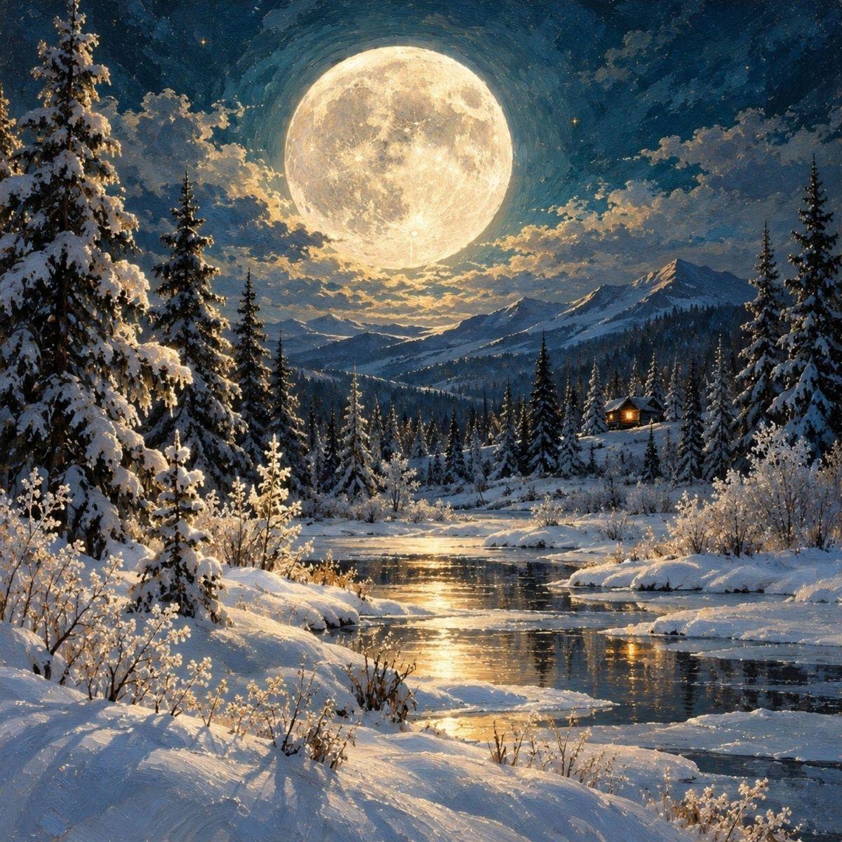 Snow Moon — oil painting of a full moon over a quiet winter landscape