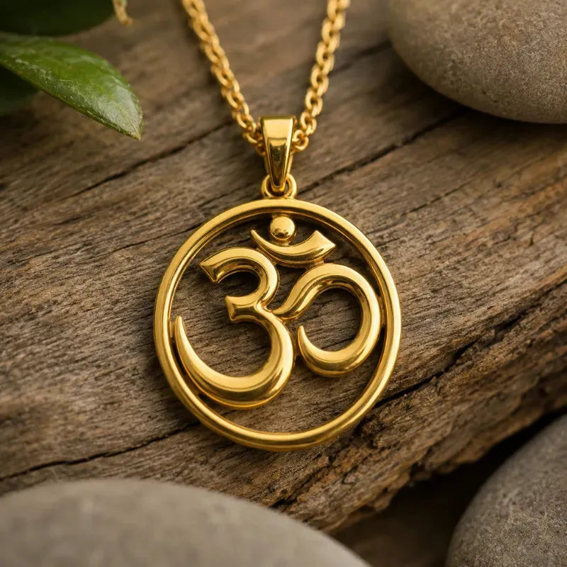 A woman wearing an Om symbol necklace, representing the spiritual meaning of Om in jewelry