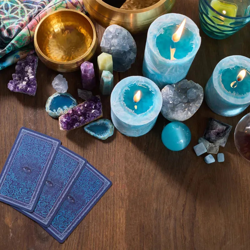 Spring equinox ritual altar with crystals, candles and jewelry for seasonal renewal
