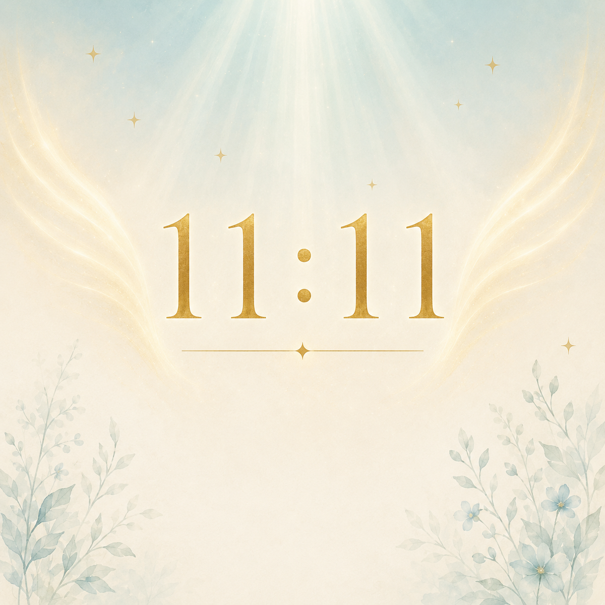 11:11 angel number in gold on ivory framed by soft shafts of light — 1111 angel number meaning guide from Mystic Soul Jewelry