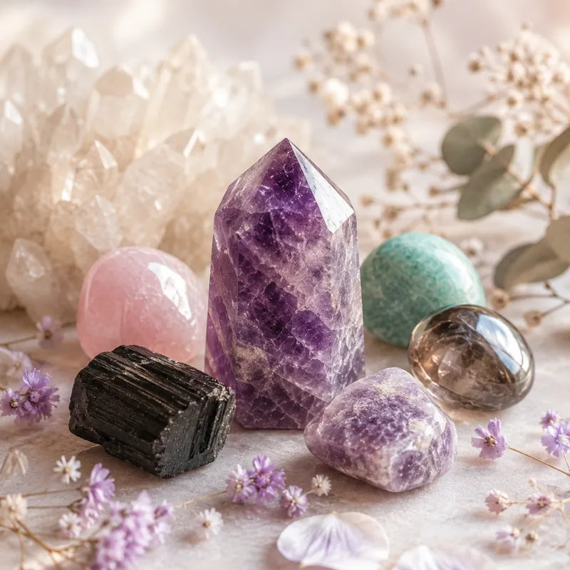 Calming crystal jewelry for anxiety, amethyst and rose quartz pieces