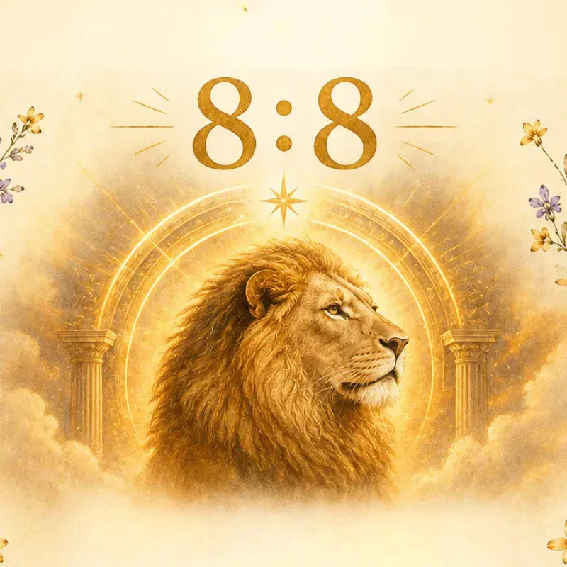 Lion's Gate Portal August 8 2026 — lion silhouette with citrine, tiger's eye and lapis lazuli crystals for the 8/8 ritual