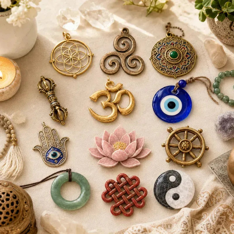 Sacred symbol jewelry including hamsa, lotus, tree of life and Om pendants