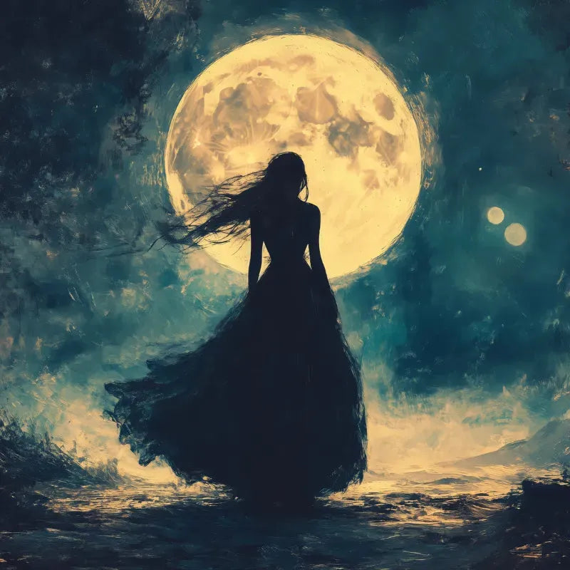 Painting of a woman standing before a full moon, Virgo full moon ritual guide