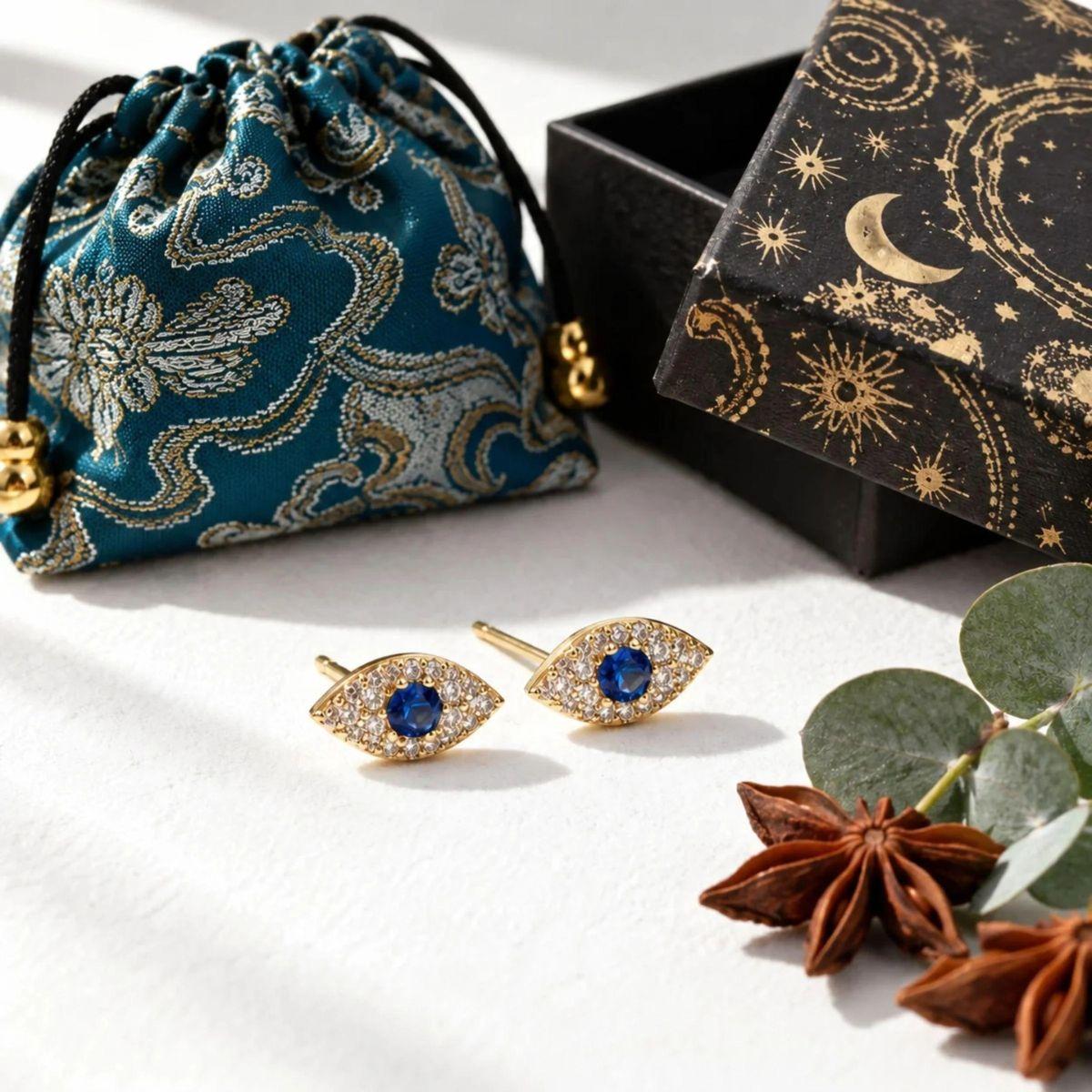 Evil eye stud earrings with the Mystic Soul gift bag and celestial box — gifts for someone who doesn't want anything