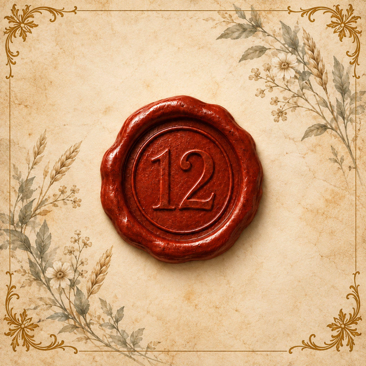Red wax seal stamped with the number 12 on aged parchment with gold filigree and watercolour botanicals — twelve spiritual symbols guide
