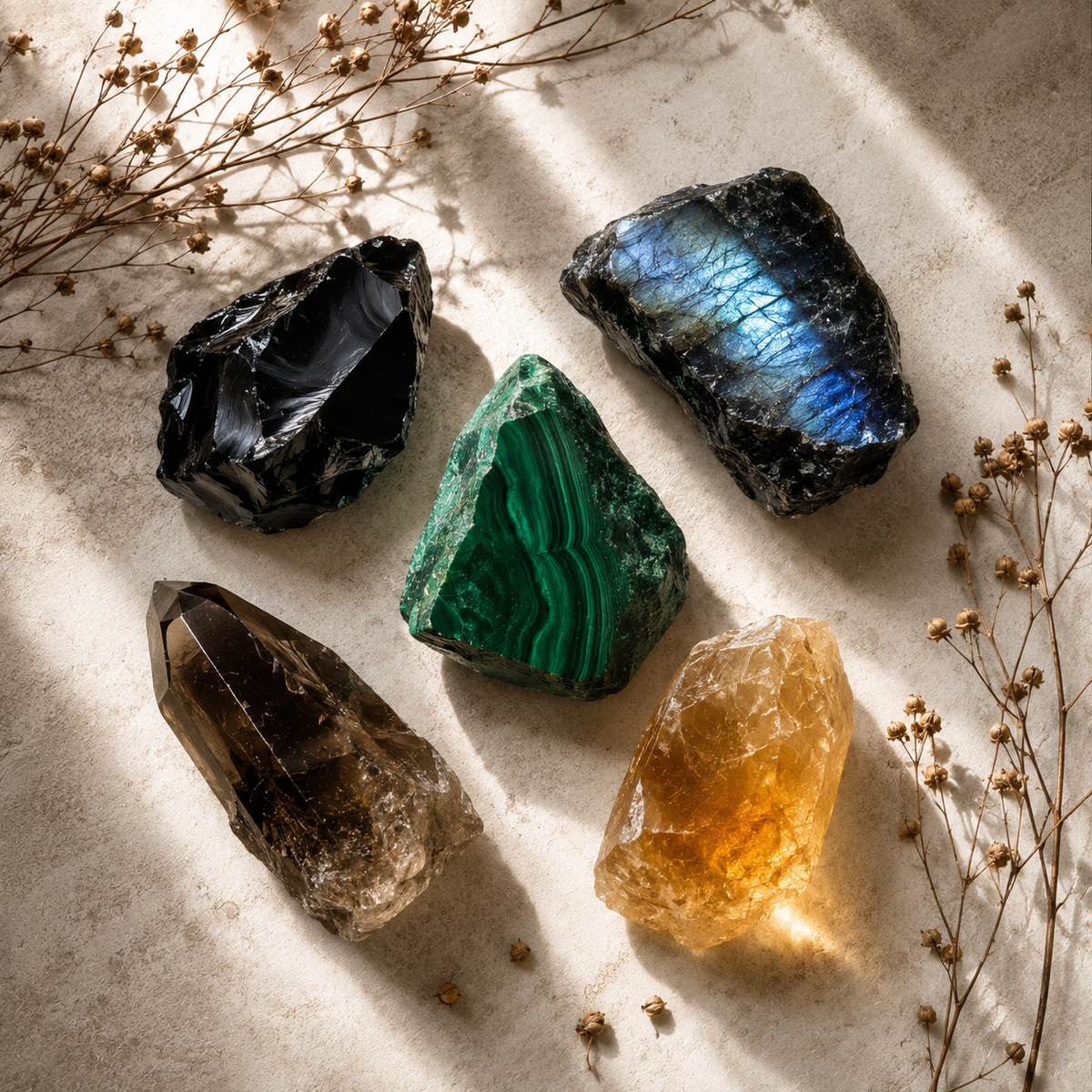 Scorpio season crystals guide cover — labradorite, obsidian, malachite, smoky quartz and citrine jewellery from Mystic Soul Jewelry