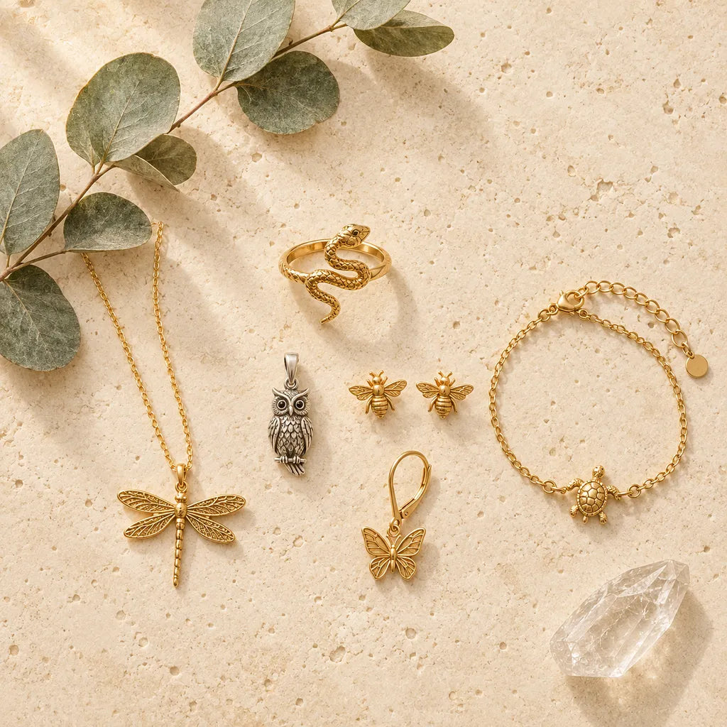Gold and silver animal jewelry flat lay — dragonfly, snake, owl, bee, butterfly and turtle spirit animal pieces on cream stone