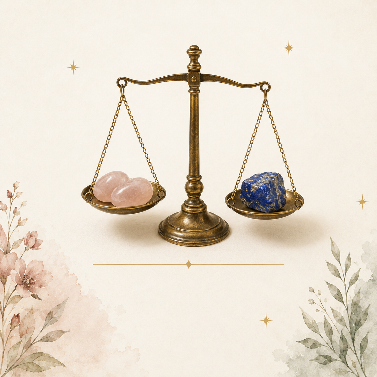 Brass balance scale holding lapis lazuli and rose quartz — Libra season crystals for balance and boundaries