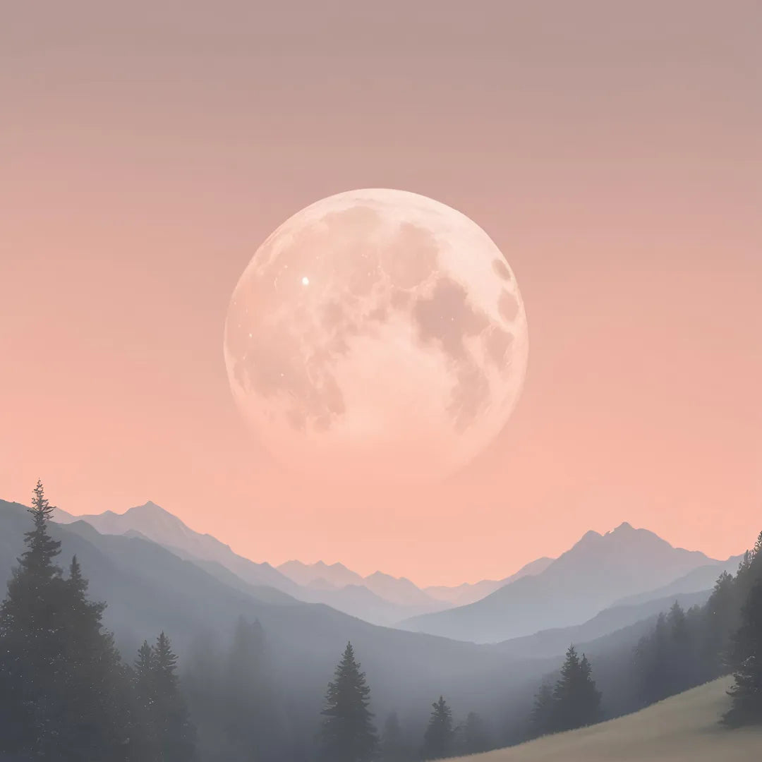 BLOG full moon pink sky blue mountains green trees