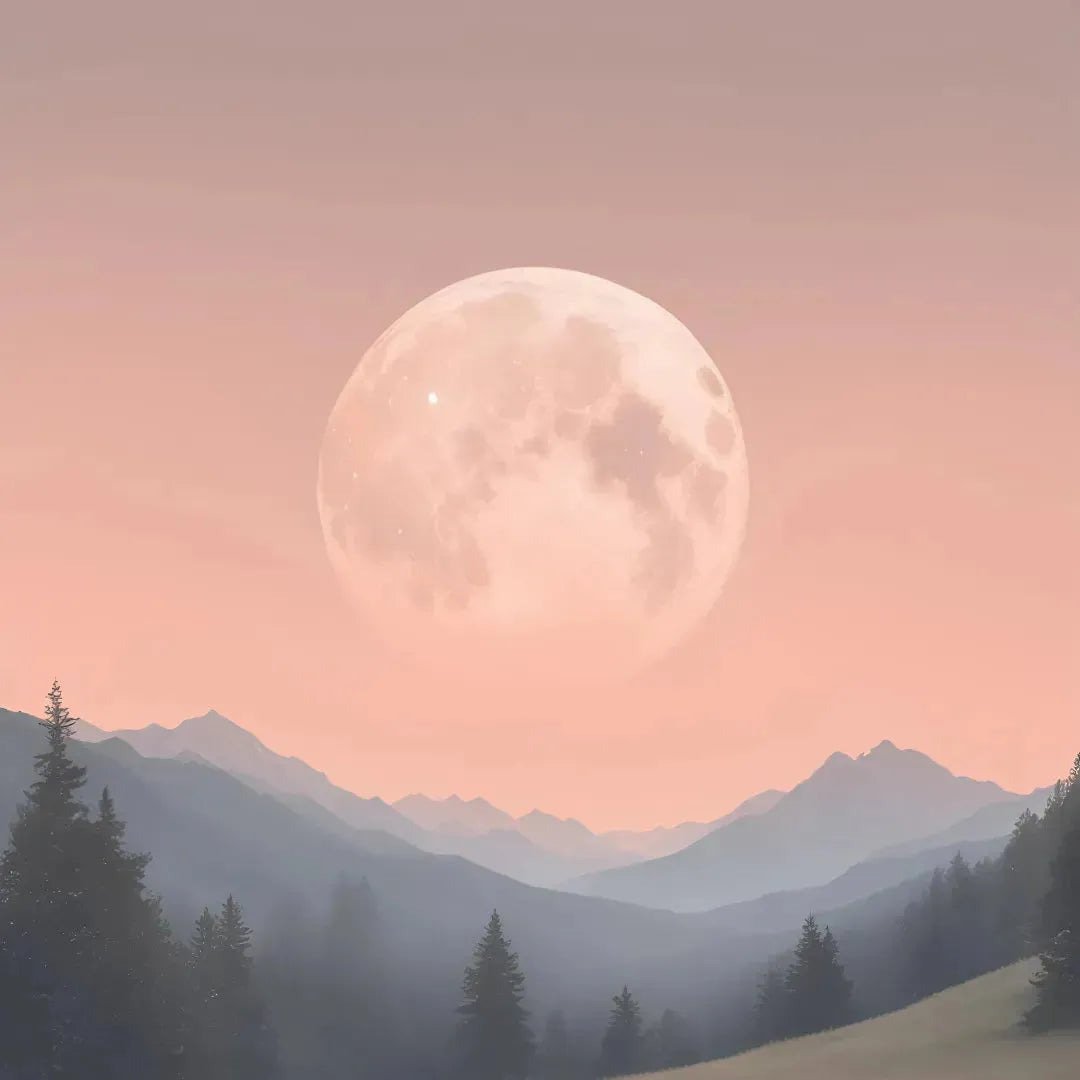 BLOG full moon pink sky blue mountains green trees