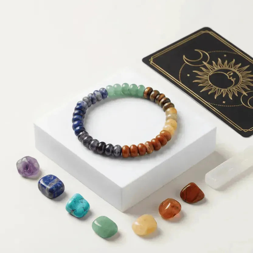 Chakra gemstone stretch bracelet with seven coloured stones