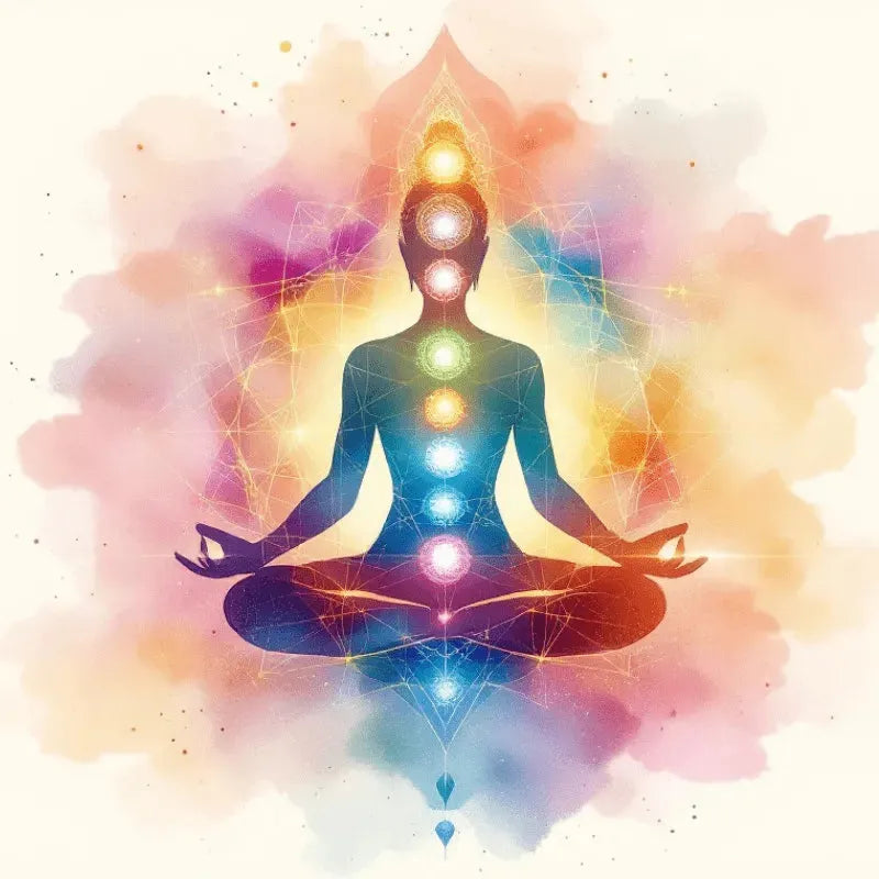 Watercolour of a woman meditating with all seven chakras glowing, chakras for beginners guide
