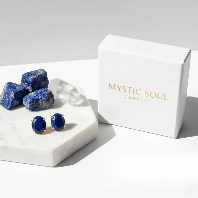 Lapis lazuli water drop stud earrings in a gift box — crystal jewelry gift for a crystal lover