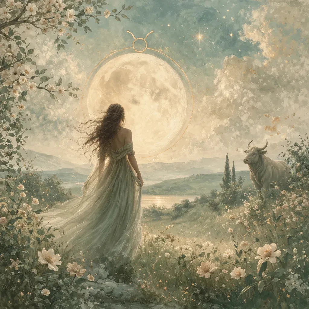 Woman standing in a field with a bull under a full moon — Taurus season crystal guide