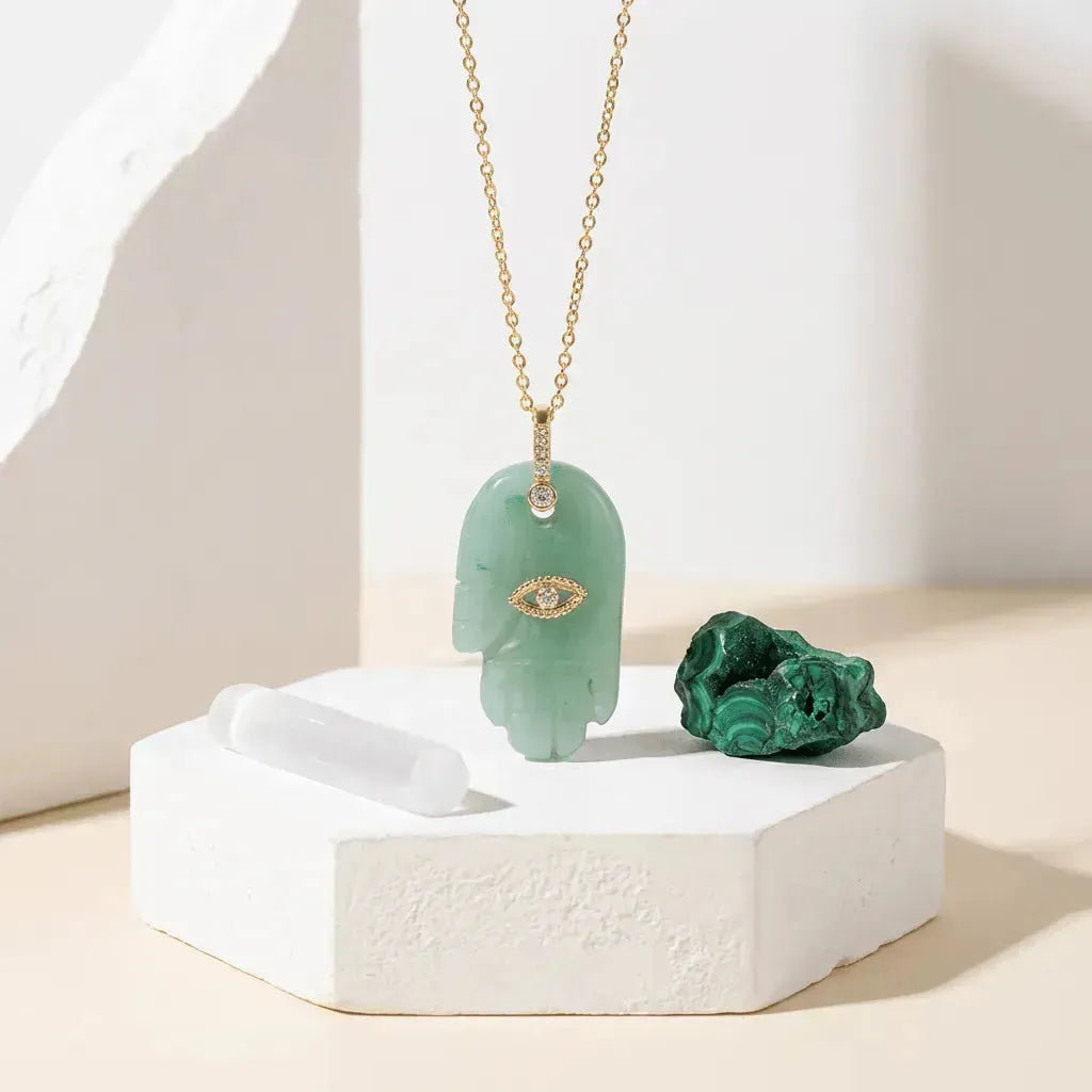 Amazonite hamsa hand pendant necklace with evil eye, protection symbol jewelry