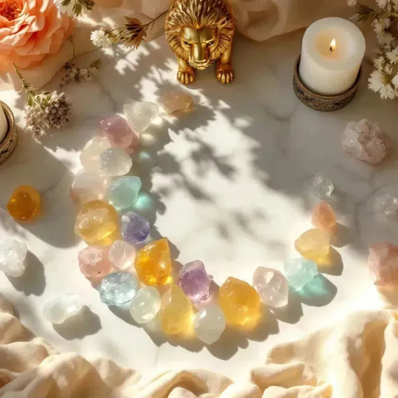 Crescent moon built from citrine, amethyst and quartz crystals, Leo full moon ritual