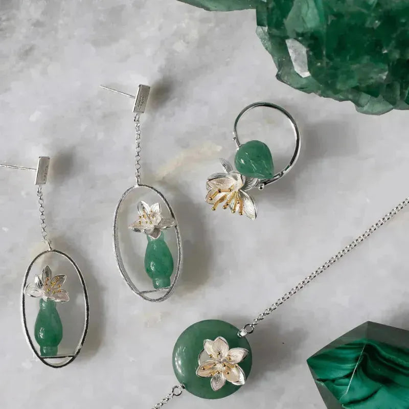 Green aventurine lotus flower earrings, ring and bracelet, spiritual symbol jewelry for growth