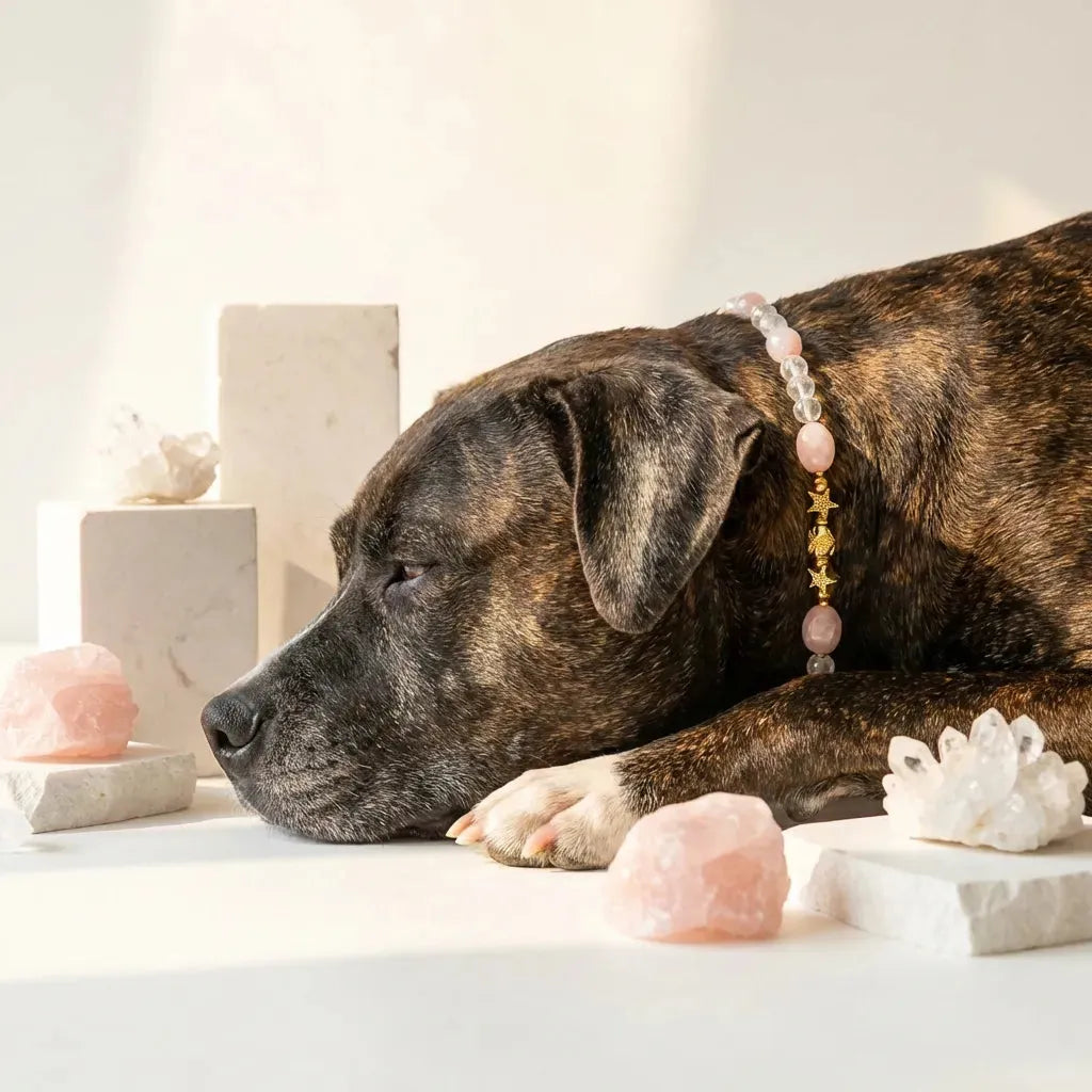 Rose quartz beaded pet collar on a boxer with matching gemstone bracelet set — rose quartz, black onyx and hematite