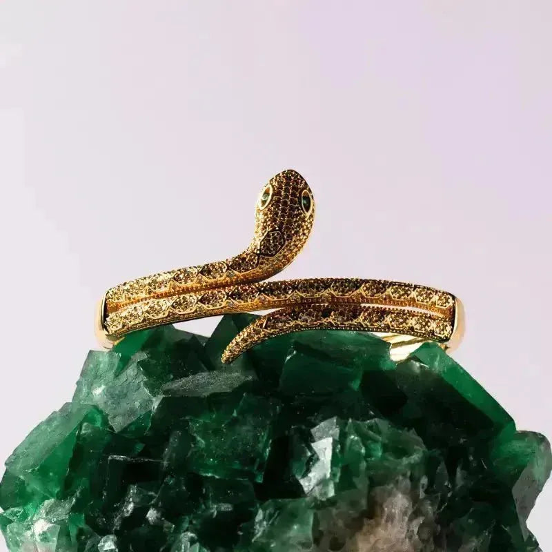 snake bracelet sitting in green fluorite crystal