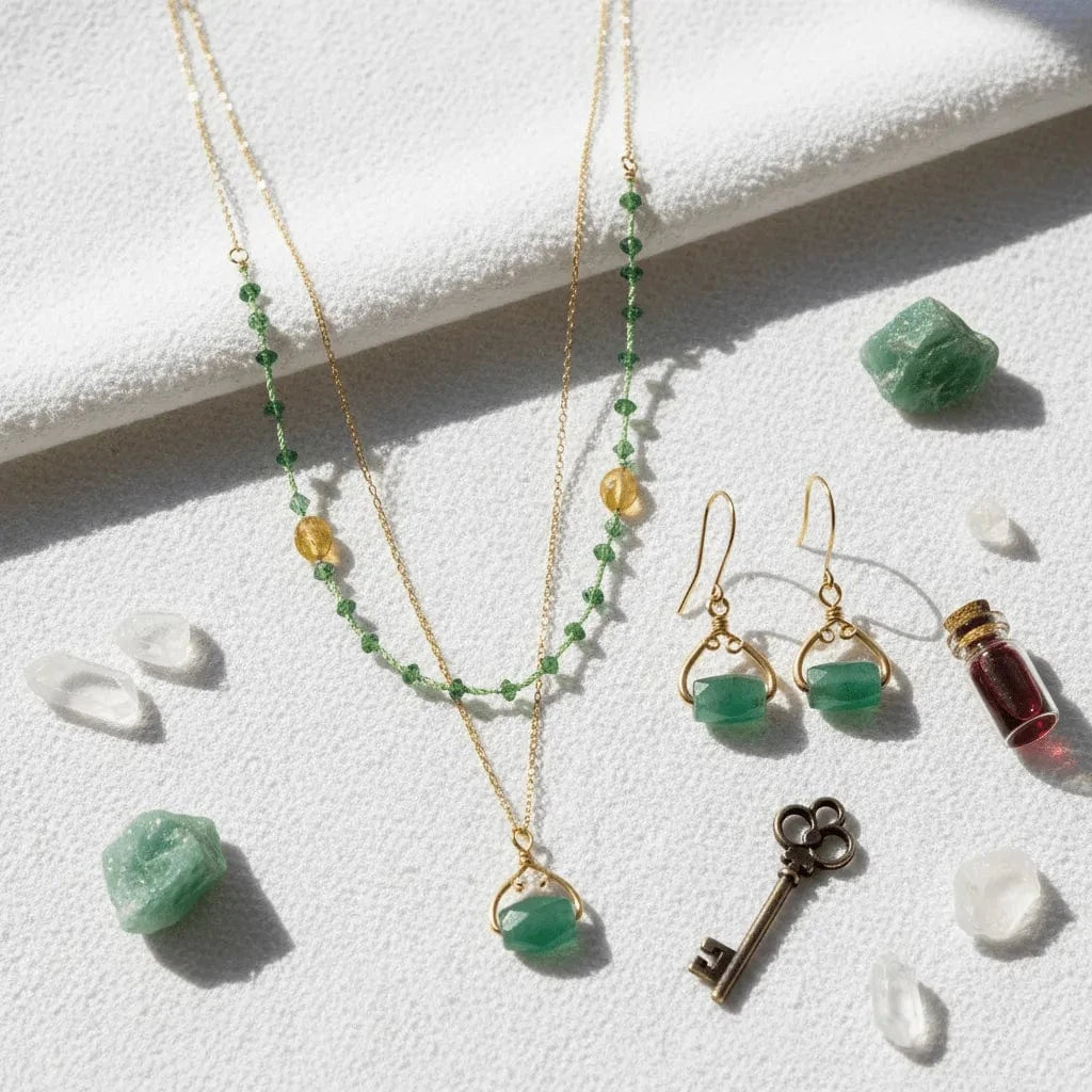 As Seen On Bones and The Vampire Diaries Jewelry set with necklace, earrings, and key on a white surface with green stones and a small bottle.