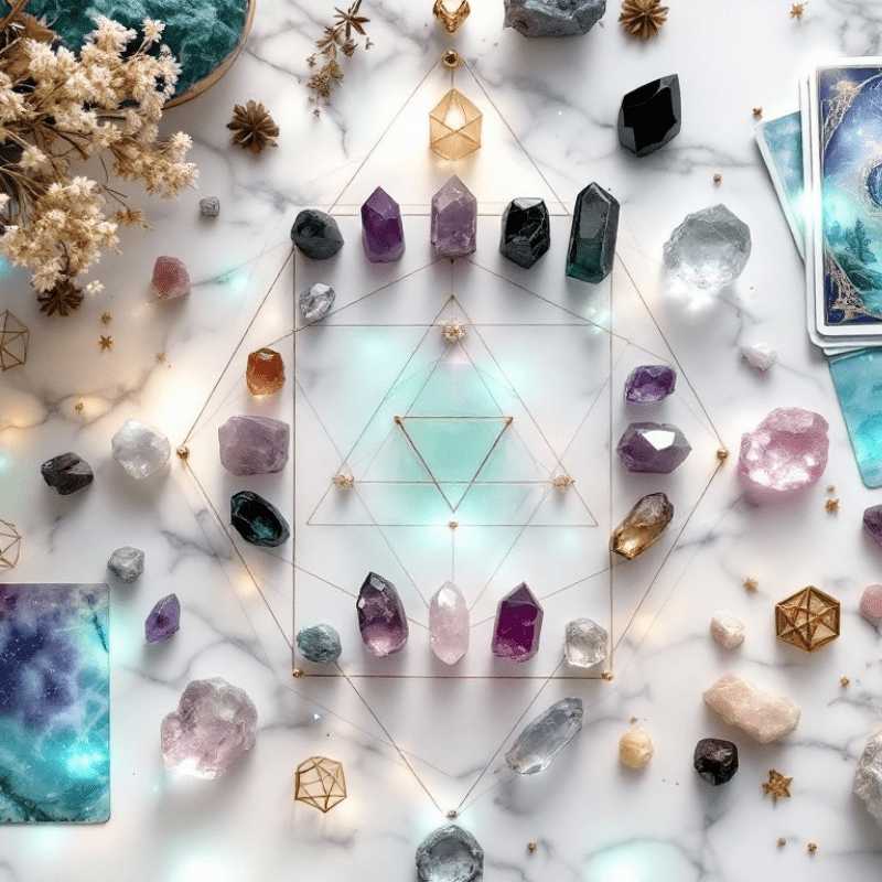 flat lay of different gemstones laid out on a crystal grid. tarot cards and flowers along with stars and other mystical elements