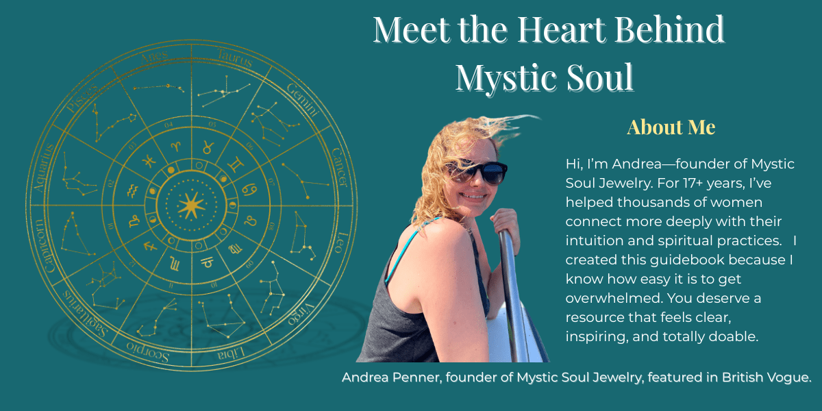 Woman with sunglasses and a tote bag next to an astrological wheel on a teal background with text about Mystic Soul Jewelry.