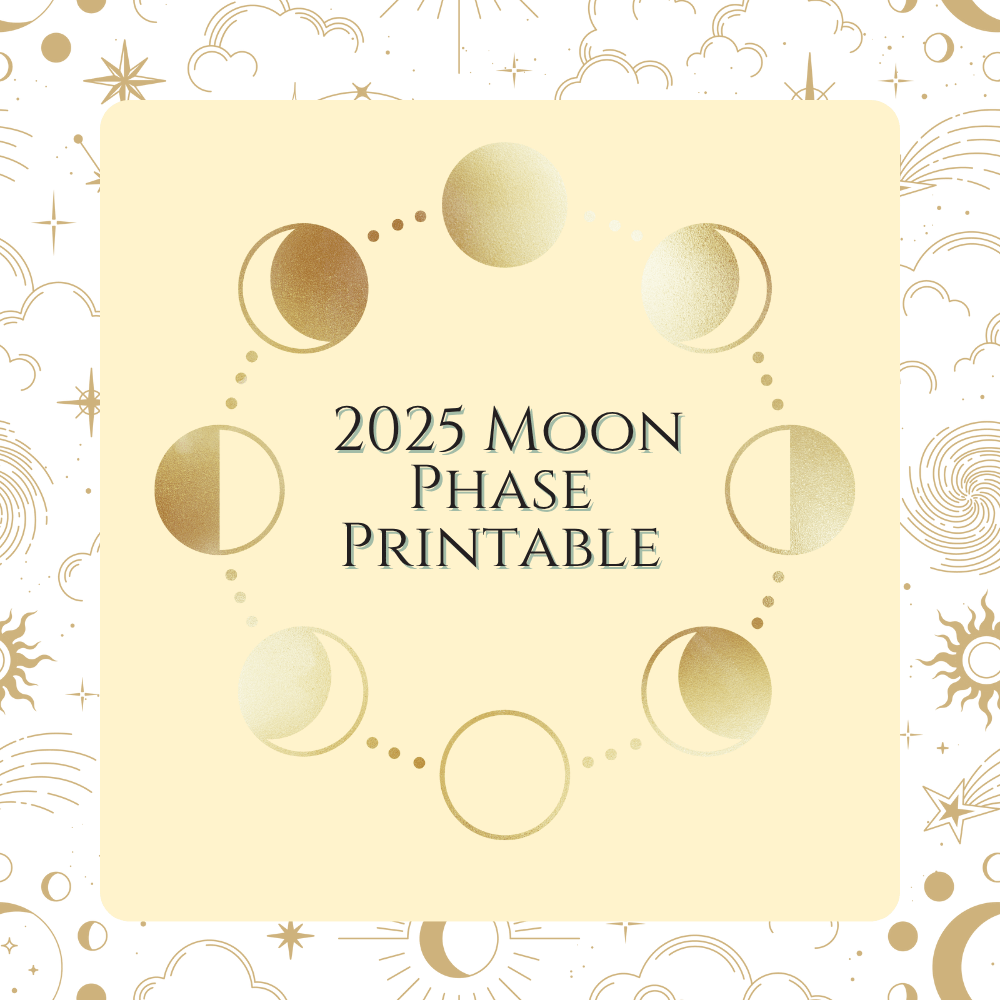 2025 Moon Phase Printable cover with gold moon phases on a light beige background