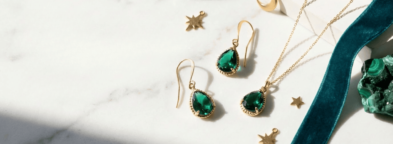 Green gemstone jewelry on a marble surface with gold accents