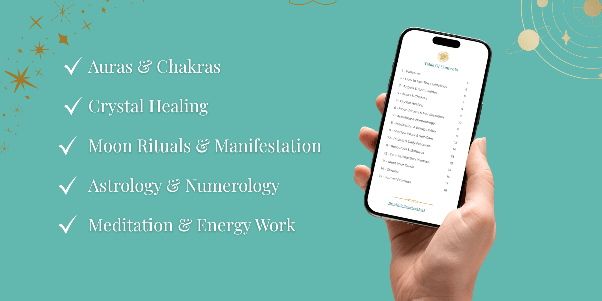 Hand holding a smartphone with an app interface on a teal background with celestial designs.