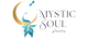 Mobile logo for mystic soul jewelry blue peacock sitting on a crescent moon with a dragonfly