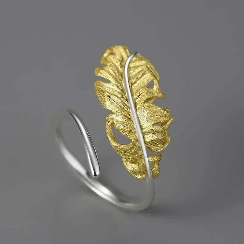 Adjustable Sterling Silver Feather Ring with Gold Plating for Mixed Metal Elegance - Mystic Soul Jewelry