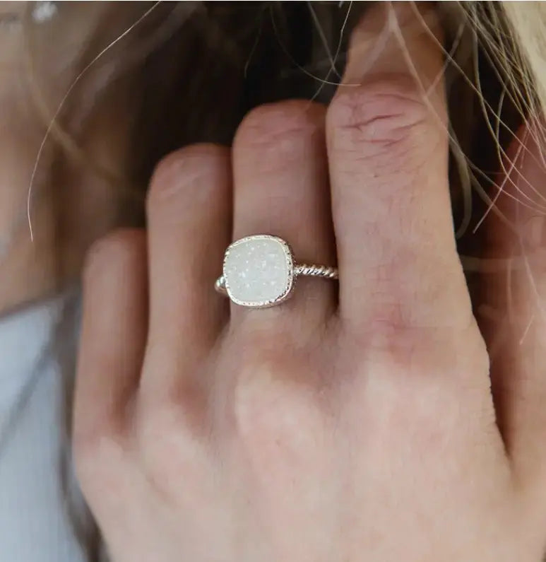 Ethereal Glow White Druzy Ring – Unique Metallic Sheen in Gold or Silver - Mystic Soul Jewelry