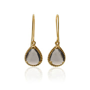Gold earrings with teardrop-shaped gemstones on a white background