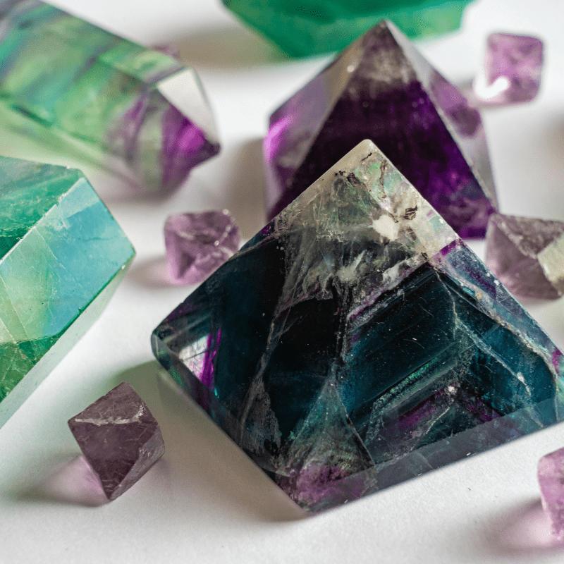 healing fluorite and amethyst crystal pyramids, 5 pointed crystals.