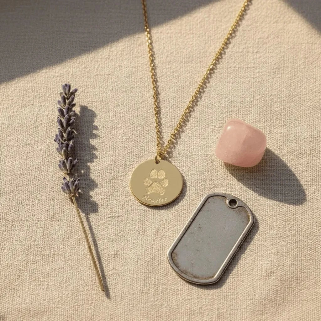 Necklace with paw print pendant, dog tag, and lavender on a beige fabric background