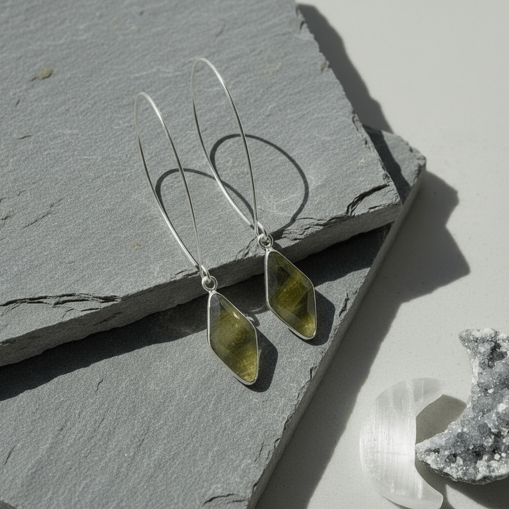 Silver earrings with green stones on a gray stone surface
