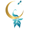 mystic soul jewelry transparent logo with white text, gold moon, blue peacock and dragonfly
