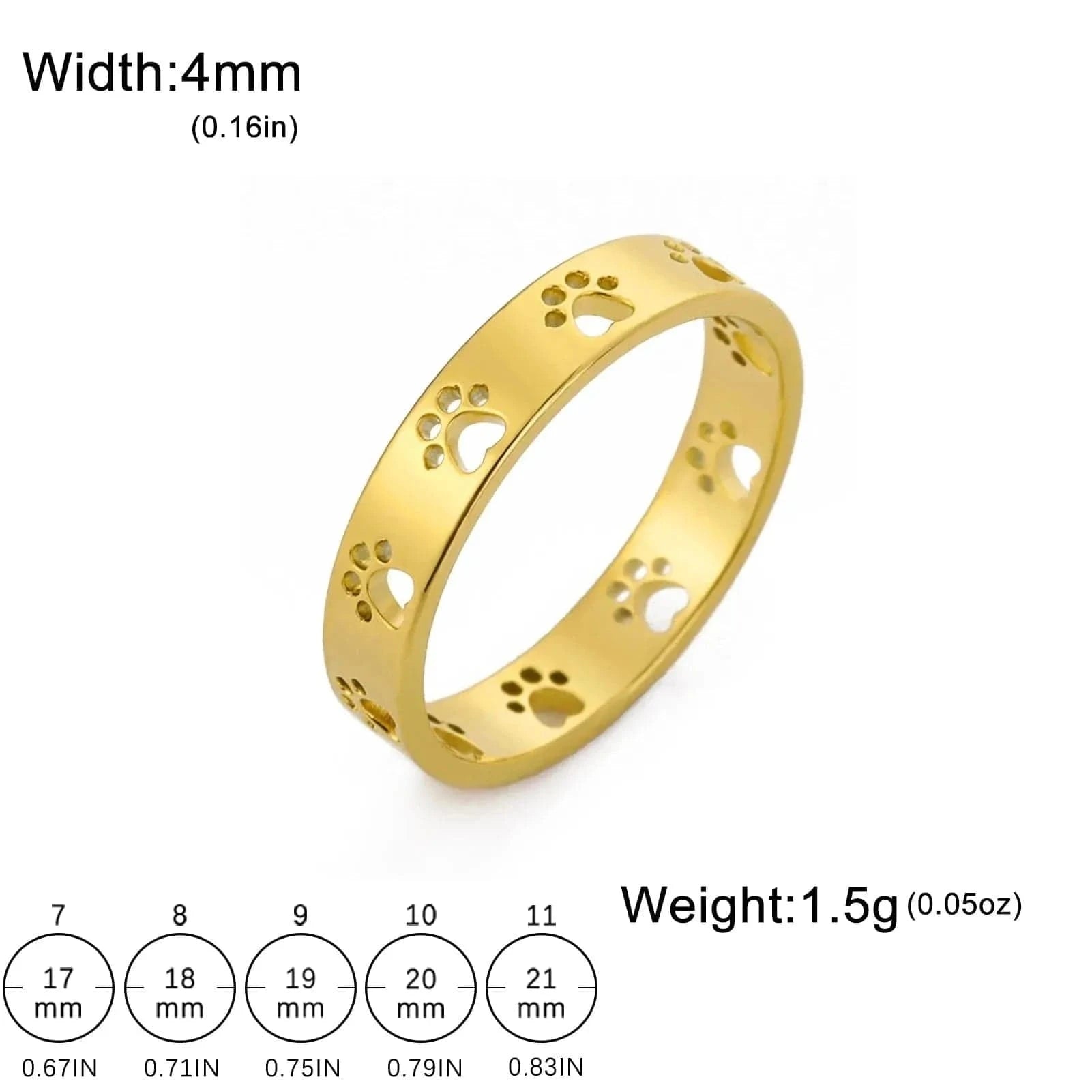 Gold ring with paw print design on a white background