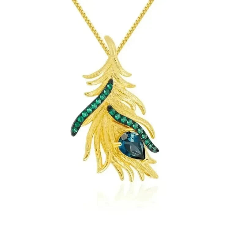 Gold peacock feather necklace with Swiss Blue Topaz, showcasing luxurious design and elegant details.