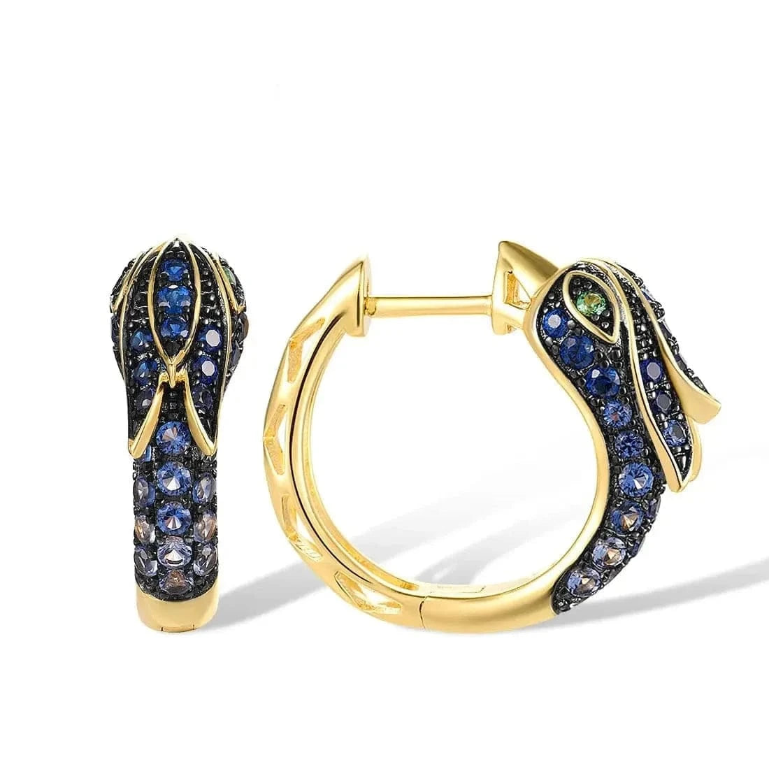Gold hoop earrings with gemstones on a white background