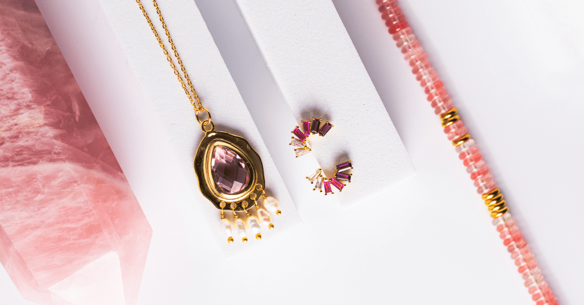 pink sapphire studs, rose quartz bracelet, pink topaz pearl necklace with rose quartz