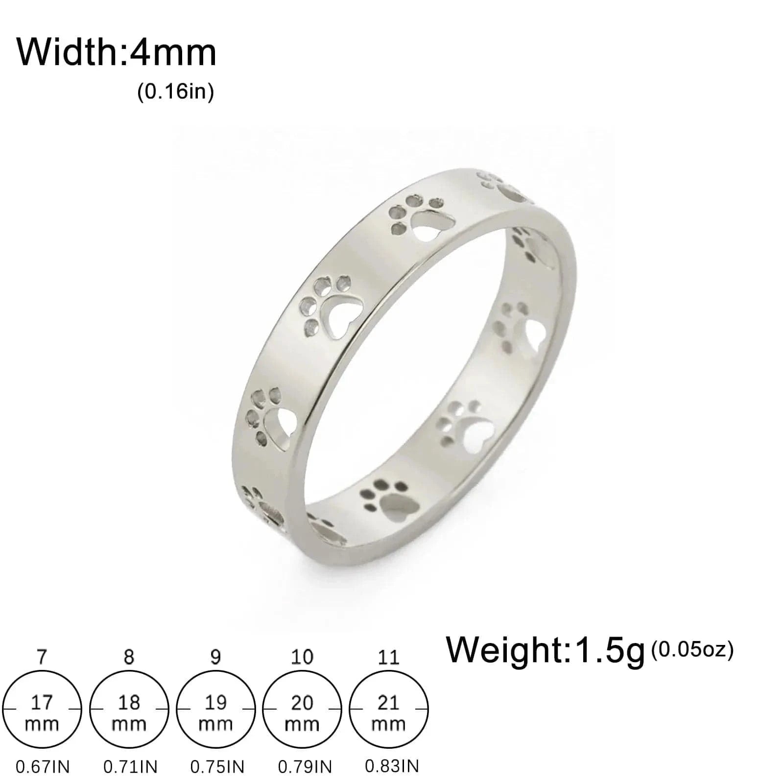Silver ring with paw print design on a white background