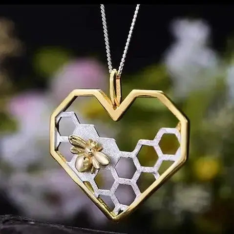 honey comb heart bee necklace