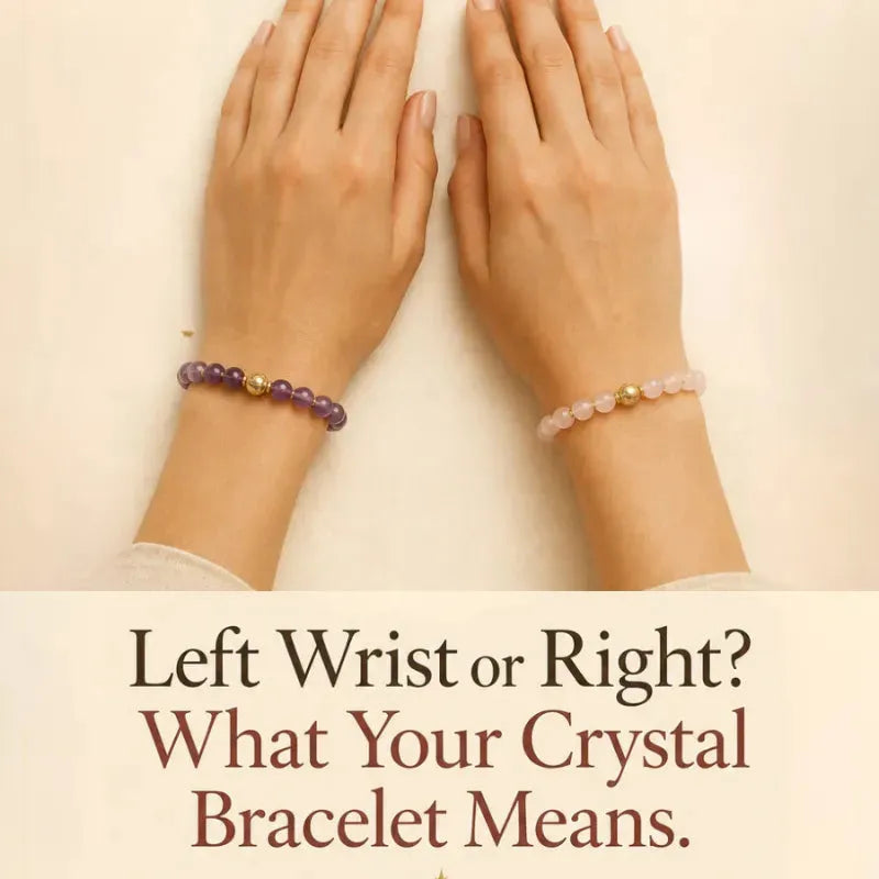 A crystal bead bracelet worn on the wrist, illustrating bracelet placement meaning